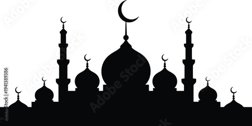 Detailed mosque silhouette with domes and minarets on white