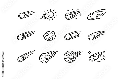 Comet. Line icon set of Comet: comet with tail, glowing comet, space comet, comet trajectory, flying comet, comet nucleus, comet dust tail, comet gas tail,