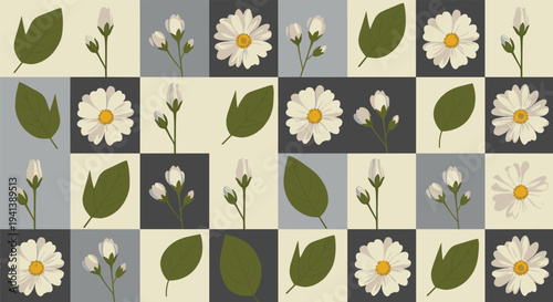 Floral seamless pattern with white daisy flowers, green leaves, and buds arranged in a checkered grid of grey, cream, and dark grey colors.