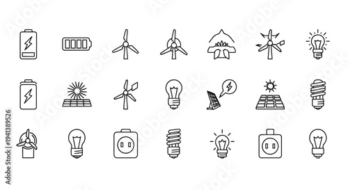 Collection of icons representing various sources and symbols of energy and power