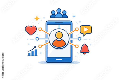 Influencer marketing reach concept centered on a smartphone with a profile avatar radiating connection lines, expressing audience growth, visibility, and