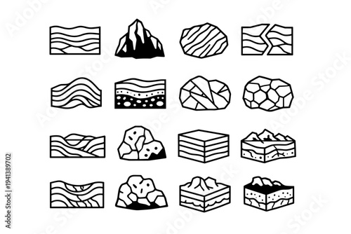 Geological formations. Line icon set of Geological formations: sedimentary layers, igneous rock shape, metamorphic rock texture, fault line rocks, folded