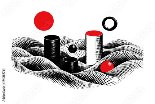 Surreal halftone dots background illustration, black and white retro print dots forming wave-like motion, abstract cylinders and circular shapes emerging from