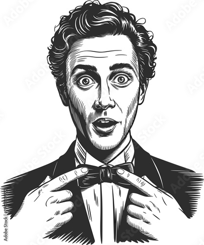 Hand-drawn vintage gentleman portrait adjusting bow tie vector illustration, retro woodcut style character on white background