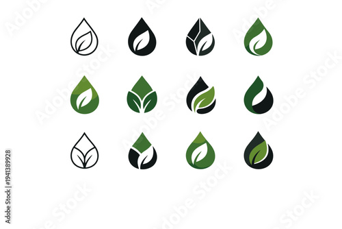 Biofuel innovations. Icon set. Set Logo of biofuel innovations: leaf-shaped fuel drop. harmonious logo variations of the same emblematic concept, each with