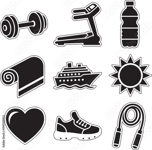 Flat Minimalist Fitness and Travel Icons Set Vector Illustration