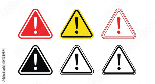 Common warning and caution symbols displayed in triangular formats with different colors and styles
