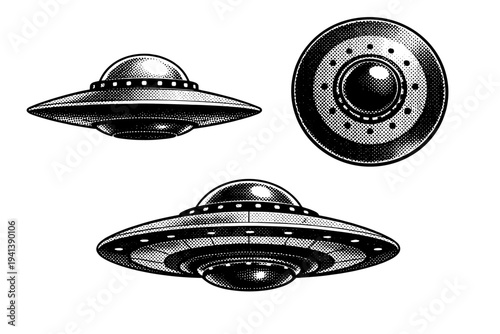 Vintage UFO ? A mid-century inspired UFO illustrated as the same object in three views, focusing on simple geometry, dome proportion, and retro design logic.