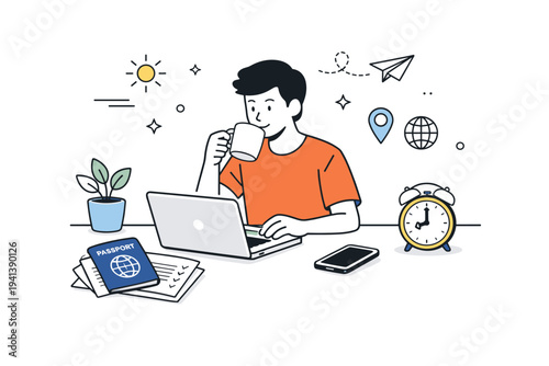Remote work visa daily routine. Person starting a workday with coffee and laptop, passport and documents neatly placed aside. Calm morning atmosphere