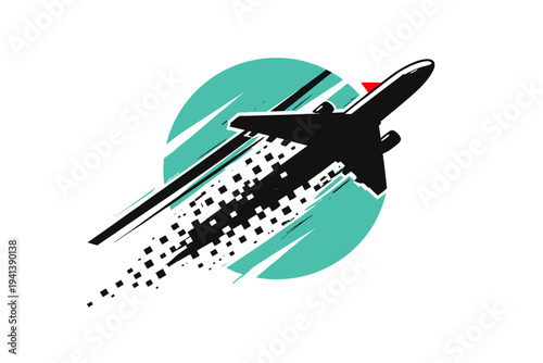 Black and white airplane silhouette fragmented into subtle pixel-like squares dispersing backward, large turquoise circle intersected by sharp diagonal lines