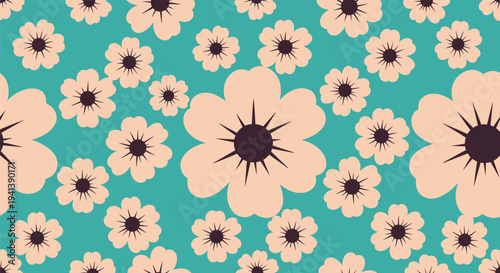 Vibrant seamless pattern showcasing simple peach-colored blossoms with dark centers scattered across a solid teal background for a retro feel.