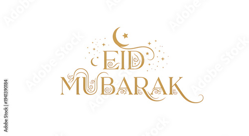 Elegant gold Eid Mubarak calligraphy with crescent moon and stars on a clean white background, perfect for Islamic holiday greetings, banners, and digital marketing materials.