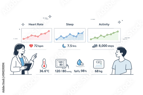 Health monitoring trends. Line charts and vital indicators moving steadily over time, visualizing patient health patterns. The mood is calm, reassuring, and