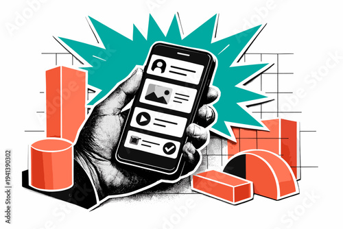 Black and white hand holding a smartphone angled slightly, screen displaying simplified UI cards and icons in flat style, vibrant teal rectangular text burst