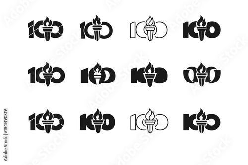 hundredth anniversary. Icon set. Set Logo of hundredth anniversary: torch of legacy. harmonious logo variations of the same emblematic concept, each with