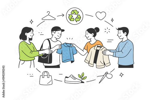 Circular fashion economy. People exchanging clothes in a calm, organized setting, passing garments hand to hand. Sustainable lifestyle and mindful consumption