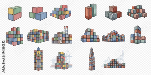 Set of various shipping containers in different arrangements, illustrating global logistics and freight transport.