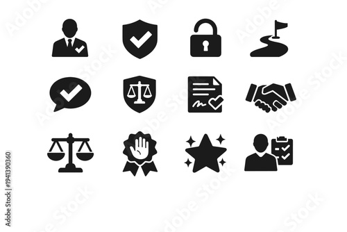 Integrity in Leadership. Solid icon set of Integrity in Leadership: honest leader, shield check, open lock, clear path, truth speech bubble, ethical badge,