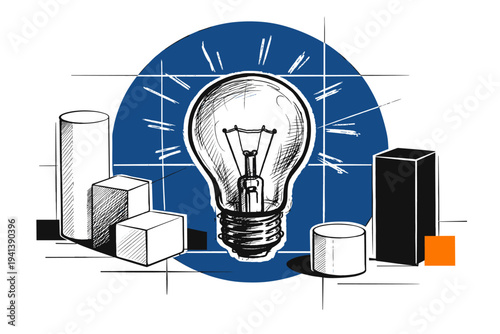 Black and white close-up of a sketched lightbulb diagram on a whiteboard, deep blue geometric circle intersected by thin white lines suggesting planning grids,