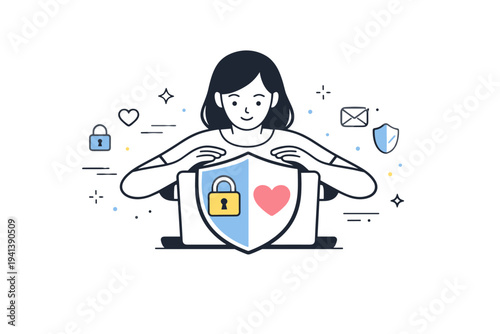 Protecting personal information. A calm scene showing a person shielding their phone or laptop with a lock and heart icon. The illustration suggests