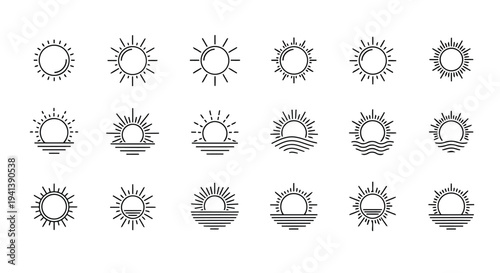 Collection of various weather and sun icons with different cloud and ray formations