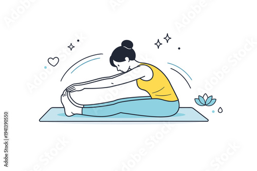 Pilates stretching exercise. A person seated on a mat stretching arms and legs with smooth curved motion lines. Flexibility, relaxation, mindful body care