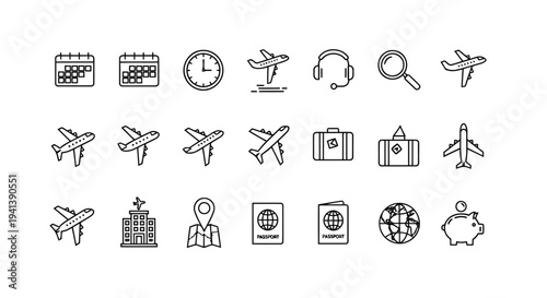 Collection of icons representing various travel, time, and service-related symbols