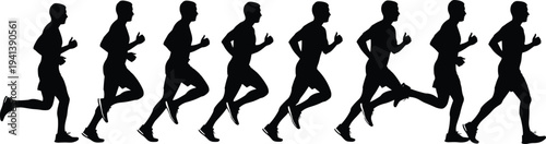 Black Silhouette Vector Illustration of a Male Runner in Motion Sequence Capturing Various Phases of Running for Fitness and Training