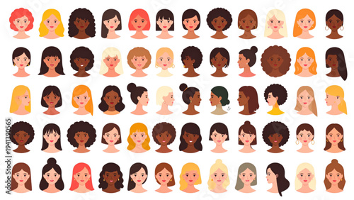 Female Avatar Faces Collection – Diverse Hairstyles and Hair Colors Vector Set