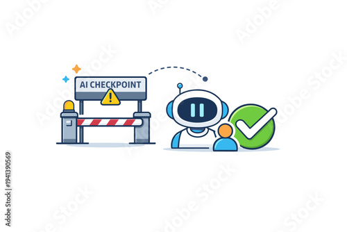 Responsible AI checkpoints shown as a decision gate with an AI node paused beside a human verified checkmark. The scene communicates ethical review,
