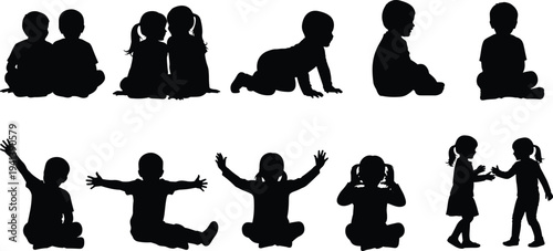 Collection of children silhouettes playing, sitting and crawling, kids activity poses isolated black vector illustration set