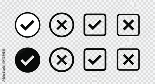 Grid of checkmark and cross symbols in black and white circles