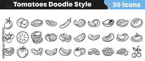 Collection of thirty hand drawn black and white doodle style icons representing various forms of tomatoes and related produce items.