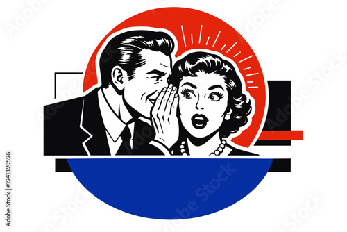 Black and white retro comic-style couple in close-up, man leaning to whisper into woman?s ear, bold white outline cut-out effect around both figures, oversized