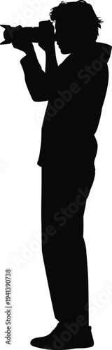 Photographer silhouette of professional man holding digital camera taking pictures and shooting video, creative person working in media production or freelance photography hobby.