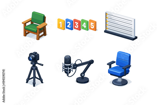 Suspect identification. Isometric flat vector icons set of suspect identification: witness chair, lineup number placards, adjustable height marker wall, police