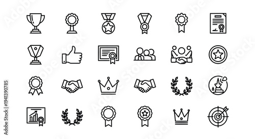 Collection of icons representing achievements, awards, and recognition symbols