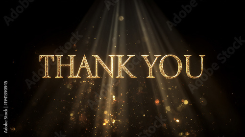 Sparkling golden text displays thank you with bright light and shimmering effects in a dark space