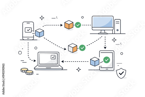 Blockchain transaction system. Abstract devices connected by lines exchange digital blocks, with small checkmarks showing confirmed transfers. A calm editorial