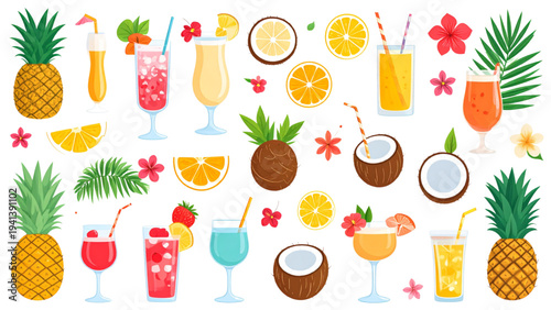 Tropical Coconut and Pineapple Cocktail Vector Illustration