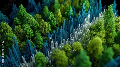 A 3D digital landscape with green trees and vertical blue and white bars, resembling a futuristic forest or data visualization.
