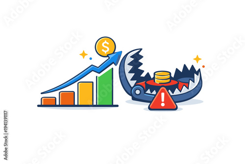 Pig butchering scam concept online fraud journey shown as a rising chart morphing into a trap icon, conveying false investment promises and financial danger.