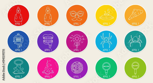 Colorful april fools' day icons set with pranks and jokes on beige background