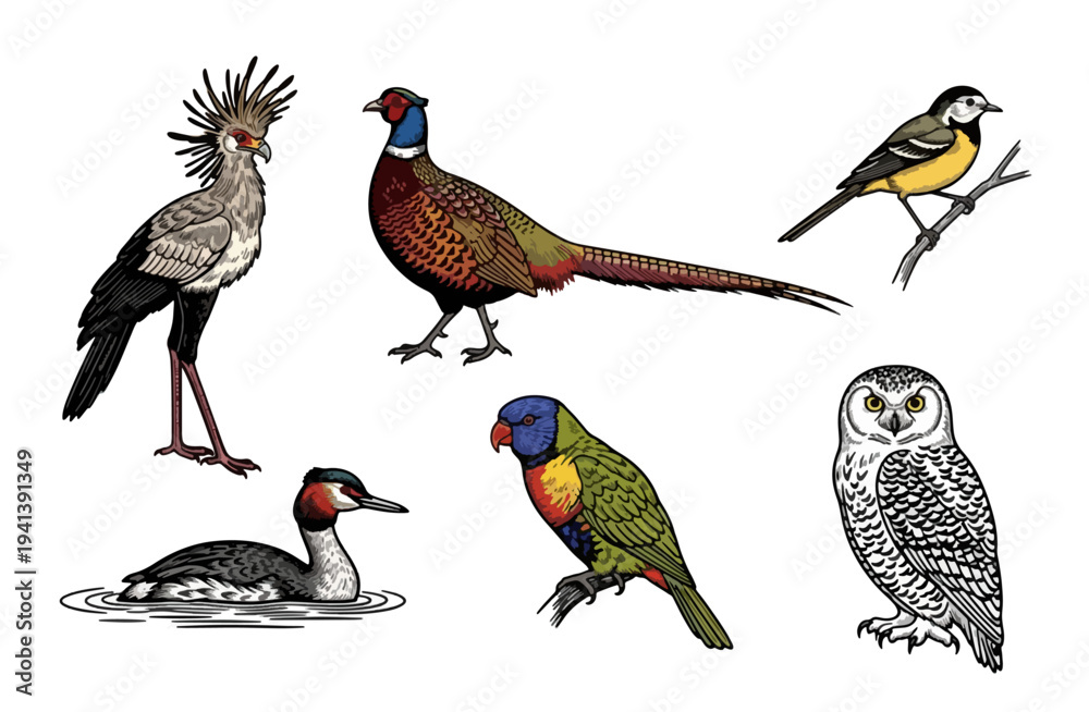 Obraz premium Illustrated Collection of Diverse Bird Species on White Background