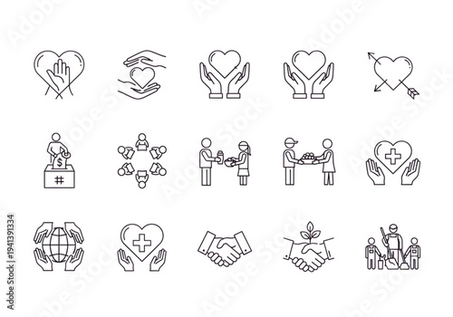 Love and Charity Line Icons Set – Helping Hands, Kindness, Donation and Community Care Outline Vector Collection