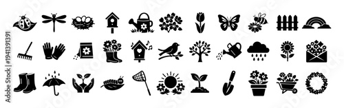 Spring Season Gardening Nature Icons Set – Flowers, Butterfly, Bee, Bird, Garden Tools Silhouette Collection