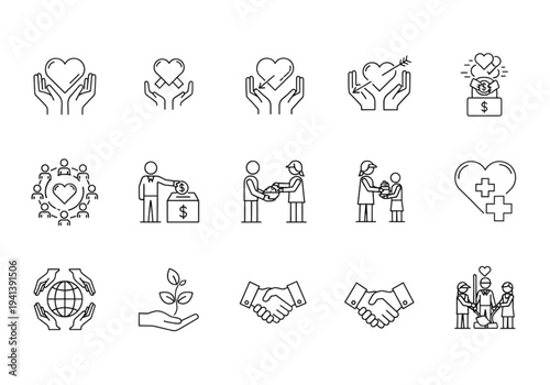Love and Charity Line Icons Set – Helping Hands, Kindness, Donation and Community Care Outline Vector Collection