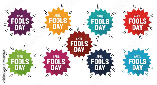 Colorful april fools day badges in various shapes and colors on white background for pranks and jokes