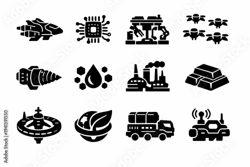 Future Space Mining. Solid icon set of Future Space Mining: futuristic miner ship, AI control core, modular mining rig, swarm robots, advanced drill system,