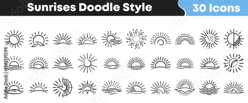 This collection features a diverse set of hand-drawn doodle style sunrise icons and artistic sun illustrations, perfect for creative projects needing charming, unique, and natural celestial elements.